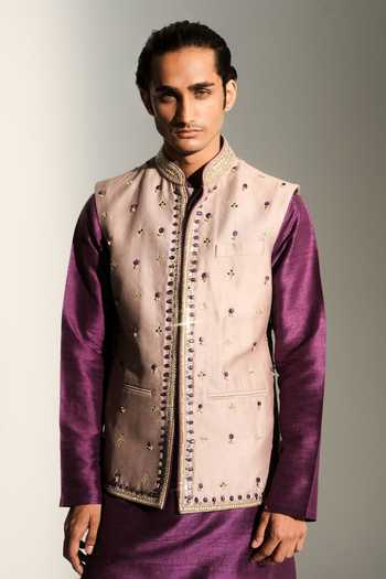 Mahima Mahajan_Grey Silk, Chanderi, Satin, Linen Affan Hand Embroidered Bundi And Kurta Set _Online_at_Aza_Fashions