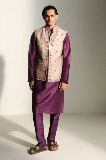 Buy_Mahima Mahajan_Grey Silk, Chanderi, Satin, Linen Affan Hand Embroidered Bundi And Kurta Set _Online_at_Aza_Fashions