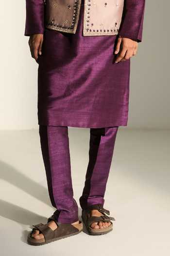 Shop_Mahima Mahajan_Grey Silk, Chanderi, Satin, Linen Affan Hand Embroidered Bundi And Kurta Set _Online_at_Aza_Fashions