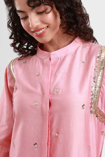 Kyra By Bhavna_Pink Chanderi Mandarin Collar, Yes Omar Jacket Kurta And Pant Set _at_Aza_Fashions