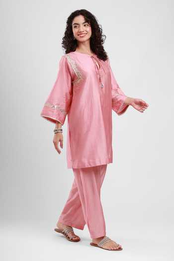Shop_Kyra By Bhavna_Pink Chanderi Keyhole Neck, Yes Sereen Kurta Salwar Set _Online_at_Aza_Fashions