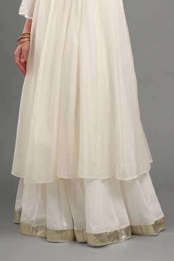 Kyra By Bhavna_Ivory Chanderi, Cotton, Voile Split V-neck, Yes Nua Kurta And Flared Skirt Set _Online_at_Aza_Fashions