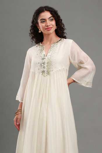 Shop_Kyra By Bhavna_Ivory Chanderi, Cotton, Voile Split V-neck, Yes Nua Kurta And Flared Skirt Set _Online_at_Aza_Fashions