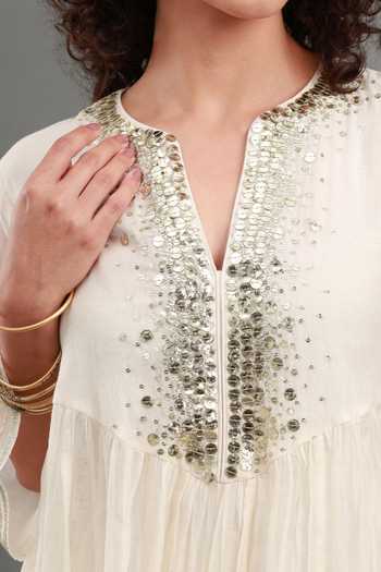 Buy_Kyra By Bhavna_Ivory Chanderi, Cotton, Voile Split V-neck, Yes Nua Kurta And Flared Skirt Set 