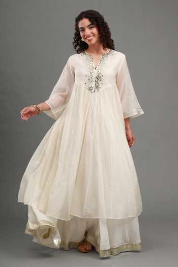 Shop_Kyra By Bhavna_Ivory Chanderi, Cotton, Voile Split V-neck, Yes Nua Kurta And Flared Skirt Set 