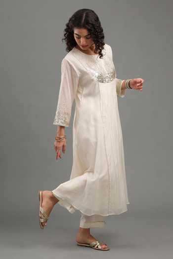Kyra By Bhavna Ivory Chanderi, Cambric Round Neck Nir Pleated Anarkali Pant Set Online at Aza Fashions Kyra By Bhavna_Ivory Chanderi, Cambric Round Neck Nir Pleated Anarkali Pant Set _Online_at_Aza_Fashions