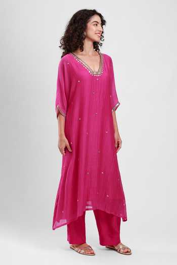 Buy Kyra By Bhavna Fuchsia Chanderi V-neck Zyrah Kaftan And Pant Set Online at Aza Fashions Buy_Kyra By Bhavna_Fuchsia Chanderi V-neck Zyrah Kaftan And Pant Set _Online_at_Aza_Fashions
