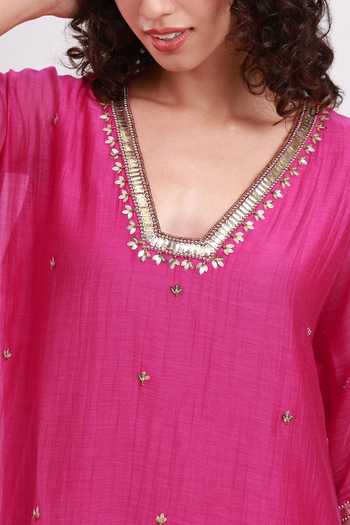 Buy Kyra By Bhavna Fuchsia Chanderi V-neck Zyrah Kaftan And Pant Set Buy_Kyra By Bhavna_Fuchsia Chanderi V-neck Zyrah Kaftan And Pant Set