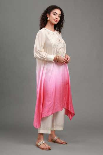 Kyra By Bhavna_Pink Chanderi, Cambric Keyhole Neck, Yes Riva Ombre Kurta And Pant Set _Online_at_Aza_Fashions