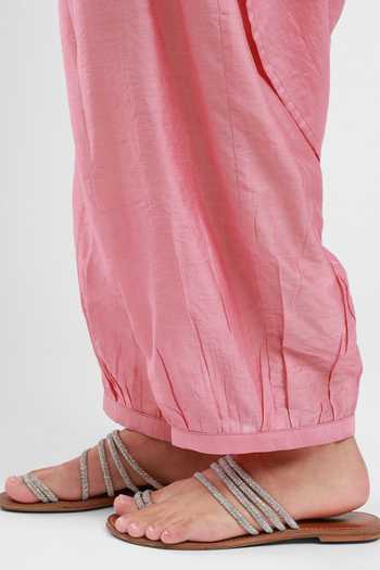Kyra By Bhavna_Pink Chanderi V-neck, Yes Habiba Kurta And Pant Set _Online_at_Aza_Fashions