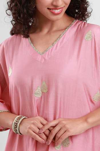 Buy_Kyra By Bhavna_Pink Chanderi V-neck, Yes Habiba Kurta And Pant Set _Online_at_Aza_Fashions