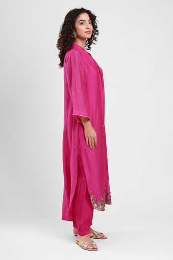 Kyra By Bhavna_Fuchsia Chanderi Split V-neck Hiba Kurta Set _Online_at_Aza_Fashions