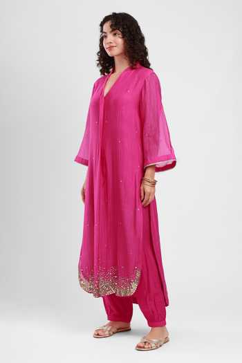 Buy_Kyra By Bhavna_Fuchsia Chanderi Split V-neck Hiba Kurta Set _Online_at_Aza_Fashions