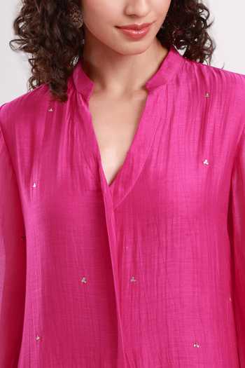 Kyra By Bhavna_Fuchsia Chanderi Split V-neck Hiba Kurta Set _at_Aza_Fashions