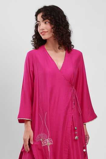 Kyra By Bhavna_Fuchsia Chanderi V-neck Zayra Angarkha Pant Set _Online_at_Aza_Fashions