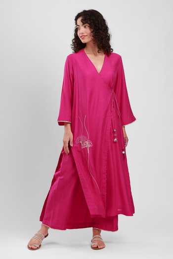 Buy_Kyra By Bhavna_Fuchsia Chanderi V-neck Zayra Angarkha Pant Set _Online_at_Aza_Fashions
