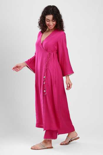 Kyra By Bhavna_Fuchsia Chanderi V-neck Zayra Angarkha Pant Set _at_Aza_Fashions