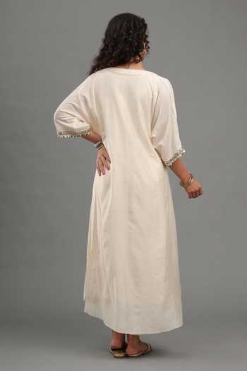 Shop Kyra By Bhavna Ivory Chanderi, Shantoon V-neck Fariha Kaftan And Pant Set at Aza Fashions Shop_Kyra By Bhavna_Ivory Chanderi, Shantoon V-neck Fariha Kaftan And Pant Set _at_Aza_Fashions
