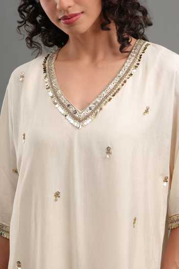 Kyra By Bhavna Ivory Chanderi, Shantoon V-neck Fariha Kaftan And Pant Set at Aza Fashions Kyra By Bhavna_Ivory Chanderi, Shantoon V-neck Fariha Kaftan And Pant Set _at_Aza_Fashions