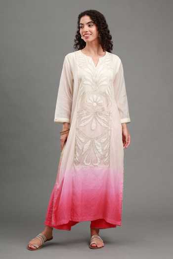 Buy_Kyra By Bhavna_Off White Chanderi, Shantoon V-neck Zainab Kurta Set _Online_at_Aza_Fashions