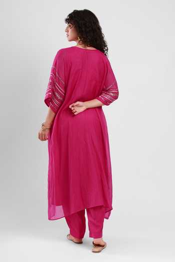 Shop Kyra By Bhavna Pink Chanderi V-neck Zoya Kaftan And Pant Set at Aza Fashions Shop_Kyra By Bhavna_Pink Chanderi V-neck Zoya Kaftan And Pant Set _at_Aza_Fashions
