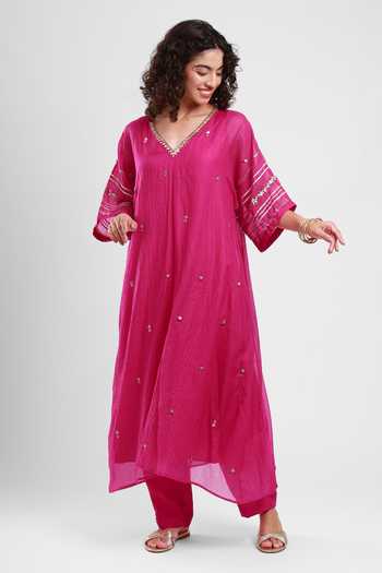 Shop Kyra By Bhavna Pink Chanderi V-neck Zoya Kaftan And Pant Set Online at Aza Fashions Shop_Kyra By Bhavna_Pink Chanderi V-neck Zoya Kaftan And Pant Set _Online_at_Aza_Fashions