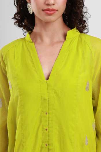 Shop Kyra By Bhavna Green Chanderi Split V-neck Elina Kurta And Pant Set Online at Aza Fashions Shop_Kyra By Bhavna_Green Chanderi Split V-neck Elina Kurta And Pant Set _Online_at_Aza_Fashions