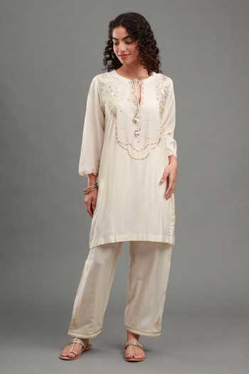 Buy_Kyra By Bhavna_Ivory Chanderi Keyhole , Round Afreen Kurta And Pant Set _Online_at_Aza_Fashions