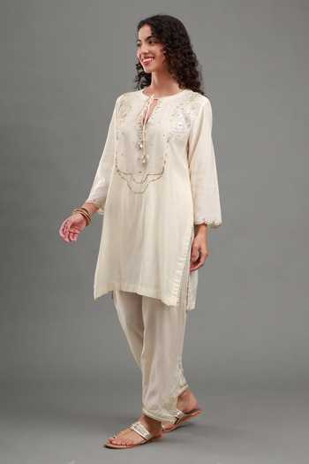 Shop_Kyra By Bhavna_Ivory Chanderi Keyhole , Round Afreen Kurta And Pant Set _Online_at_Aza_Fashions