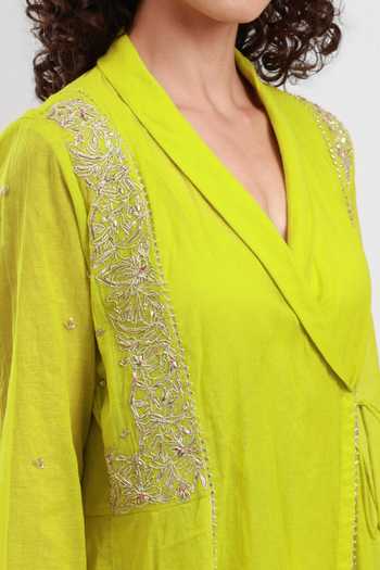Shop Kyra By Bhavna Green Chanderi V-neck, Yes Nidha Angrakha And Pant Set Online at Aza Fashions Shop_Kyra By Bhavna_Green Chanderi V-neck, Yes Nidha Angrakha And Pant Set _Online_at_Aza_Fashions