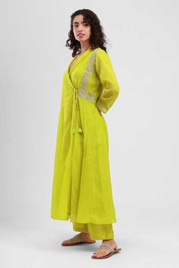 Kyra By Bhavna Green Chanderi V-neck, Yes Nidha Angrakha And Pant Set at Aza Fashions Kyra By Bhavna_Green Chanderi V-neck, Yes Nidha Angrakha And Pant Set _at_Aza_Fashions