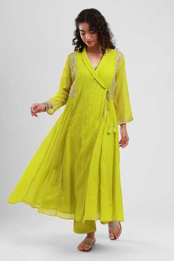 Buy Kyra By Bhavna Green Chanderi V-neck, Yes Nidha Angrakha And Pant Set Buy_Kyra By Bhavna_Green Chanderi V-neck, Yes Nidha Angrakha And Pant Set