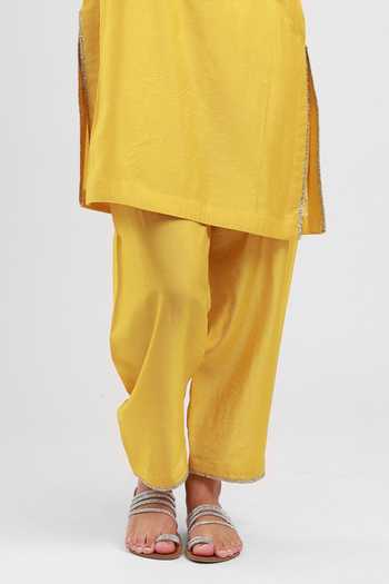 Shop_Kyra By Bhavna_Yellow Chanderi Split V-neck Afreen Kurta And Pant Set _Online_at_Aza_Fashions