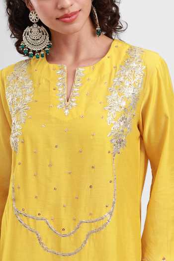 Kyra By Bhavna_Yellow Chanderi Split V-neck Afreen Kurta And Pant Set _at_Aza_Fashions