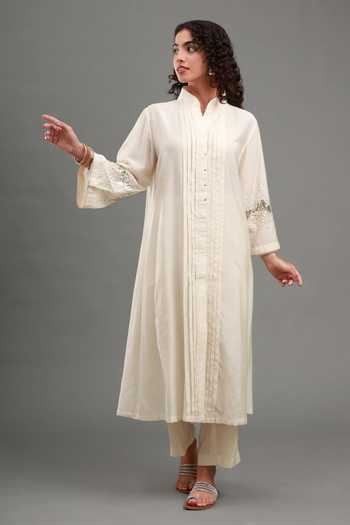 Shop Kyra By Bhavna Ivory Chanderi Mandarin Collar Abreeb Kurta And Pant Set Online at Aza Fashions Shop_Kyra By Bhavna_Ivory Chanderi Mandarin Collar Abreeb Kurta And Pant Set _Online_at_Aza_Fashions