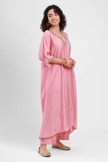 Kyra By Bhavna_Pink Chanderi V-neck Fariha Kaftan And Pant Set _Online_at_Aza_Fashions