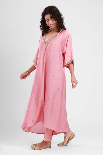 Buy_Kyra By Bhavna_Pink Chanderi V-neck Fariha Kaftan And Pant Set _Online_at_Aza_Fashions