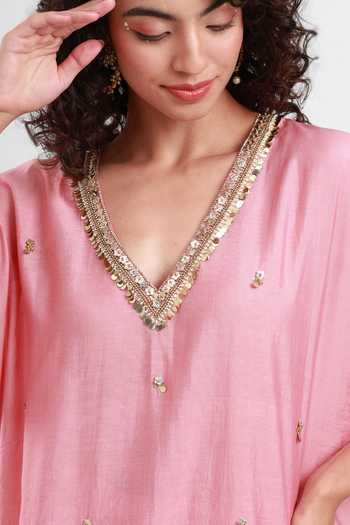 Kyra By Bhavna_Pink Chanderi V-neck Fariha Kaftan And Pant Set _at_Aza_Fashions