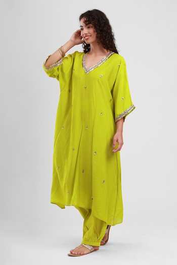 Kyra By Bhavna_Green Chanderi V-neck Fariha Kaftan And Pant Set _Online_at_Aza_Fashions