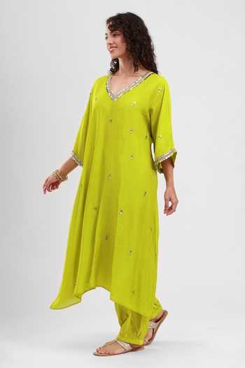 Buy_Kyra By Bhavna_Green Chanderi V-neck Fariha Kaftan And Pant Set _Online_at_Aza_Fashions