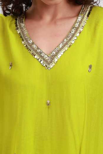 Kyra By Bhavna_Green Chanderi V-neck Fariha Kaftan And Pant Set _at_Aza_Fashions