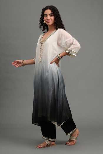 Kyra By Bhavna_Black Chanderi V-neck Ziya Ombre Kaftan And Pant Set _Online_at_Aza_Fashions