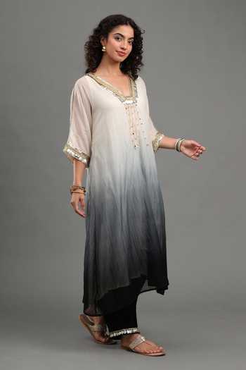 Shop_Kyra By Bhavna_Black Chanderi V-neck Ziya Ombre Kaftan And Pant Set _Online_at_Aza_Fashions