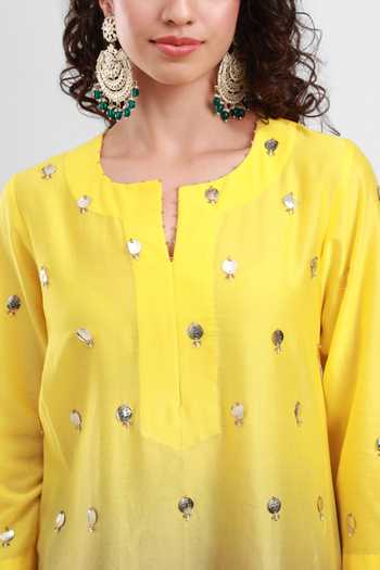 Kyra By Bhavna Yellow Cotton, Chanderi Split V-neck Abeer Kurta Set Online at Aza Fashions Kyra By Bhavna_Yellow Cotton, Chanderi Split V-neck Abeer Kurta Set _Online_at_Aza_Fashions
