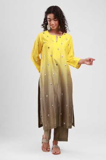 Shop Kyra By Bhavna Yellow Cotton, Chanderi Split V-neck Abeer Kurta Set Online at Aza Fashions Shop_Kyra By Bhavna_Yellow Cotton, Chanderi Split V-neck Abeer Kurta Set _Online_at_Aza_Fashions