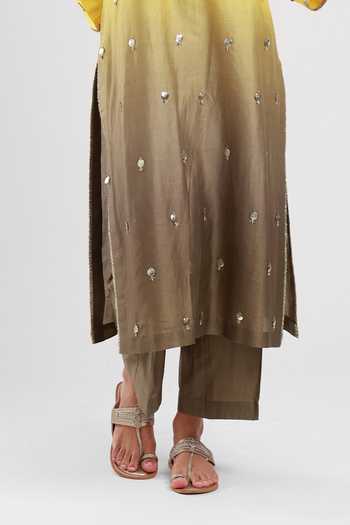 Kyra By Bhavna Yellow Cotton, Chanderi Split V-neck Abeer Kurta Set at Aza Fashions Kyra By Bhavna_Yellow Cotton, Chanderi Split V-neck Abeer Kurta Set _at_Aza_Fashions