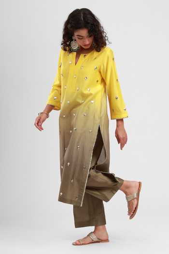 Buy Kyra By Bhavna Yellow Cotton, Chanderi Split V-neck Abeer Kurta Set Buy_Kyra By Bhavna_Yellow Cotton, Chanderi Split V-neck Abeer Kurta Set