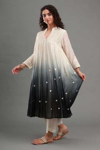 Kyra By Bhavna_Black Chanderi, Cambric Split V-neck Myra Ombre Anarkali And Pant Set _Online_at_Aza_Fashions