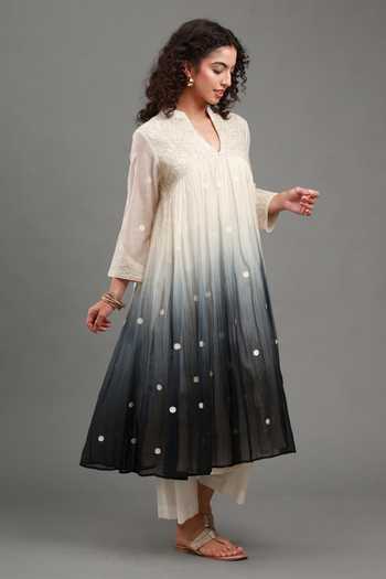 Buy_Kyra By Bhavna_Black Chanderi, Cambric Split V-neck Myra Ombre Anarkali And Pant Set _Online_at_Aza_Fashions