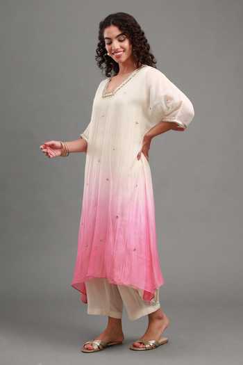 Kyra By Bhavna_Pink Chanderi V-neck Zyrah Kaftan And Pant Set _Online_at_Aza_Fashions